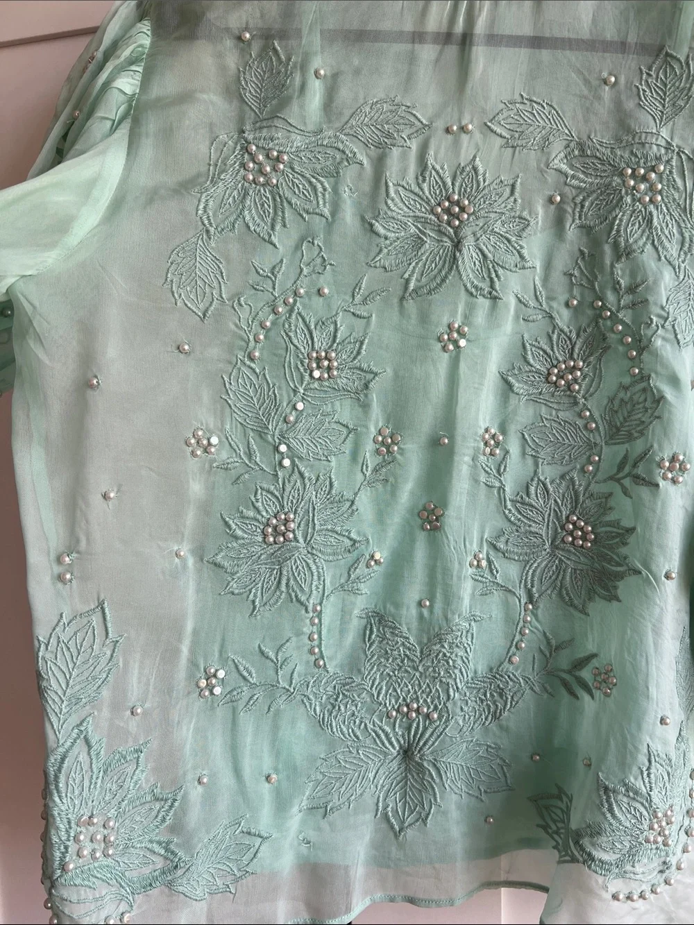 FARM RIO Embellished Mint Green Sheer Blouse with Puff Sleeves Size S